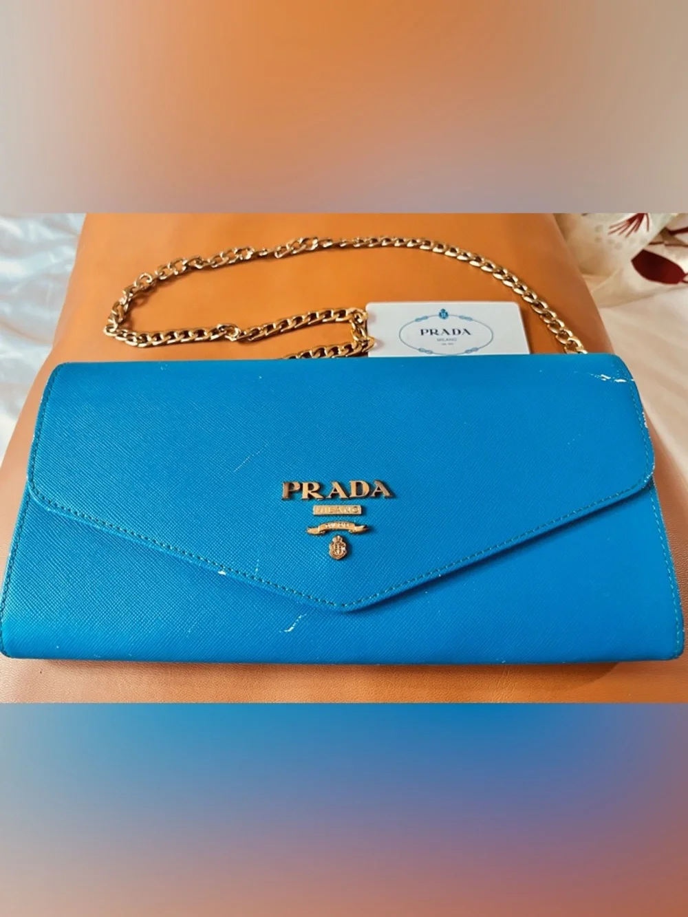 Vintage Prada Bright Blue Saffiano Envelope Chain Clutch - Picture 3 of 12